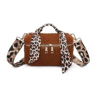 Trousse de maquillage Fuzzy Glam Teddy - Tissu texturé doux - Poignée d'écharpe, sangle réglable et fermeture éclair dorée - 21 × 13 cm, tabac, Voyage de luxe