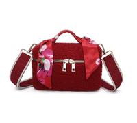 Trousse de maquillage Fuzzy Glam Teddy - Tissu texturé doux - Poignée d'écharpe, sangle réglable et fermeture éclair dorée - 21 × 13 cm, bordeaux, Voyage de luxe