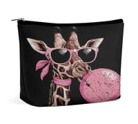 Trousse de Maquillage Girafe Mignonne avec Lunettes et Chewing-Gum, idéale pour Les Voyages. Pochette en Cuir PU imperméable avec Fermeture éclair.