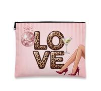 Trousse de maquillage glamour avec citation d'amour léopard 17,8 x 22,9 cm | Motif boule disco, pochette de maquillage zippée, détail verre à vin, talon haut, ambiance de scène nocturne sophistiquée