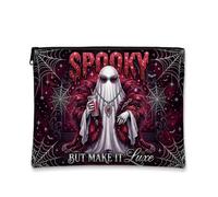 Trousse de maquillage glamour avec citation fantôme effrayante pour | Boa à plumes, trousse de maquillage, lunettes de soleil œil de chat, fond toile d'araignée, thème effrayant glamour