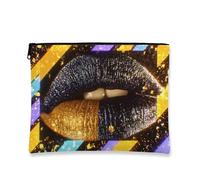 Trousse de maquillage glamour, motif lèvres audacieuses, pochette de voyage pour femme, petite trousse de toilette portable en toile avec fermeture éclair, cadeau de festival, noir, 7x9 Inch, Pochette