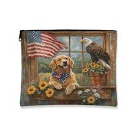 Trousse de maquillage Golden Retriever du 4 juillet 17,8 x 22,9 cm pour sac à main de voyage, pochette cosmétique à motif ferme de 250 ans pour femme, anniversaire patriotique, organiseur portable en