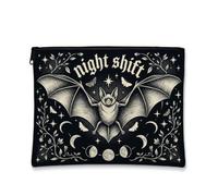 Trousse de maquillage gothique avec citation chauve-souris nocturne 17,8 x | Typographie gothique, trousse de maquillage, motifs de phase lunaire, accents d'étoile céleste, esthétique de noctambule
