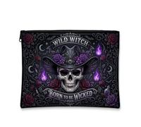 Trousse de maquillage gothique avec citation de sorcière et crâne 17,8 x | Style gothique, pochette à fermeture éclair, roses violettes, esthétique mystique, décoration sorcière