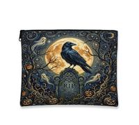 Trousse de maquillage gothique avec citation d'Halloween Corbeau et lune | Fond de lune gothique, trousse de maquillage, accents fantômes effrayants, détails de citrouilles, motif pierre tombale