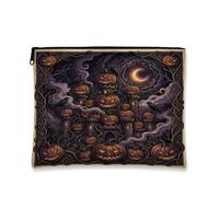 Trousse de maquillage gothique Citrouilles Château Halloween Art Jack-o | Illustration de château gothique, pochette de maquillage zippée, nuit au clair de lune, accents de corbeau