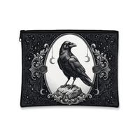 Trousse de maquillage gothique corbeau céleste 17,8 x 22,9 cm | Style art gothique, pochette de maquillage zippée, accents de lune céleste et d'étoile, cadre floral orné
