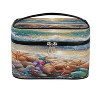 Trousse de maquillage - Grande capacité - Avec poignée et corde fixe élastique - Grande capacité - Pour femme, Perle étoile de mer de plage, Taille unique, Trousse de maquillage