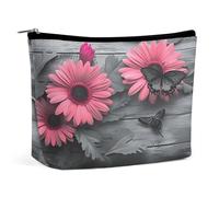 Trousse de Maquillage Grande capacité en Bois Gris avec Motif Marguerite et Papillon, Trousse de Toilette de Voyage en Cuir pour Femme et Homme, Pochette cosmétique Portable avec Fermeture éclair