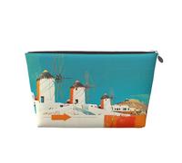 Trousse de maquillage grecque colorée avec moulins à vent grecs, trousse de toilette de voyage, trousse de maquillage pour femme, trousse de maquillage en cuir, jolie pochette de maquillage, Argenté