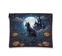 Trousse de maquillage Halloween avec chat effrayant maison hantée 17,8 x | Motif maison hantée, trousse de maquillage, lanternes lumineuses, toile de fond pleine lune, clôture en fer décorée