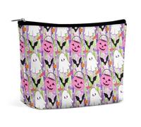 Trousse de Maquillage Halloween fantôme Chauve-Souris Bonbon Marguerite Fleur PU, Pochette de Rangement de Voyage imperméable avec Fermeture éclair pour Femmes 17,3 x 15 cm