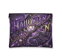 Trousse de maquillage Halloween sorcière mystique balai, violet, 17,8 x 22 | Pochette de maquillage avec fermeture éclair, phases de lune céleste, constellations du zodiaque, esthétique mystique