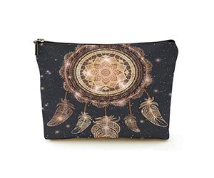 Trousse de Maquillage Haut de Gamme pour Femmes, Sacs à cosmétiques de Voyage en Lin, Attrape-rêves avec Mandala Magique et Plumes, étui à cosmétiques Durable