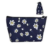 Trousse de Maquillage imperméable Oxford Fleur Marguerite Florale Bleu Marine, Pochette de Maquillage Grande capacité avec Fermeture éclair pour Les Filles Femmes, Stylo de Toilette de