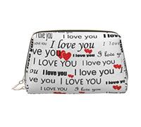 Trousse de maquillage imprimée avec aliments sains pour femme - Portable - En cuir - Fermeture éclair dorée, I Love You Words With Hearts., One Size, Trousse de maquillage
