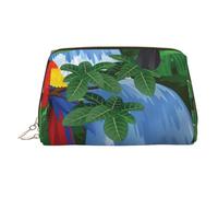 Trousse de maquillage imprimée avec aras et toucan perchés des forêts tropicales américaines pour femme, trousse de maquillage portable en cuir avec fermeture éclair dorée, Ara et toucan perché des