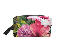 Trousse de maquillage imprimée de fleurs d'hibiscus avec poignée, rangement compact et léger pour maquillage, articles de toilette et gadgets, organisateur de maquillage pour voyage, école, travail