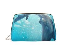 Trousse de maquillage imprimée de porte-avions pour femme, trousse de maquillage portable en cuir avec fermeture éclair dorée, Motif conte de dauphins, One Size, Trousse de maquillage