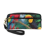 Trousse de maquillage imprimée en cuir synthétique avec dragonne Motif ara et toucan des forêts tropicales américaines, Noir , Taille unique, Trousse de maquillage