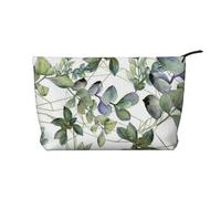 Trousse de maquillage imprimée feuilles d'eucalyptus vertes pour femme en velours côtelé avec fermeture éclair, Noir , Taille unique, Trousse de maquillage