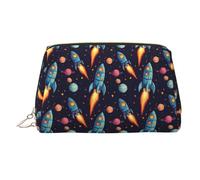 Trousse de maquillage imprimée fusée spatiale de dessin animé, trousse de toilette de voyage pour femme, grande capacité, trousse de maquillage en cuir, trousse de maquillage, jolie pochette de