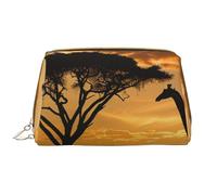 Trousse de maquillage imprimée girafe et arbres au crépuscule en Afrique pour femme - Portable - En cuir - Fermeture éclair, blanc, Taille unique, Trousse de maquillage