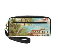 Trousse de maquillage imprimée île de Cuba pour femme en cuir synthétique avec dragonne, Noir , Taille unique, Trousse de maquillage