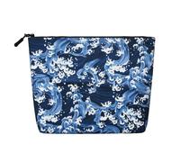 Trousse de Maquillage Japonaise en Imitation Chanvre à Motifs Vagues Bleus et Blancs, idéale pour Les Voyages et Les Soins de Toilette. Écologique et résistante, Elle est dotée d'une Fermeture écla