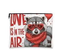 Trousse de maquillage Love Is in the Air en forme de raton laveur, motif cœur animal mignon pour femme, organiseur portable à fermeture éclair, cadeau de Saint-Valentin, blanc, 7x9 Inch, Animal