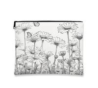 Trousse de maquillage marguerite noire et blanche pour femme, petite trousse de voyage portable en toile avec fermeture éclair, choix parfait pour les festivals de printemps, blanc, 7x9 Inch, Daisy