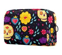 Trousse de maquillage mexicaine avec fermeture éclair pour femme, motif tête de mort, flore, cœur, trousse de toilette de voyage, grande pochette de maquillage pratique, multicolore,
