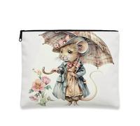 Trousse de maquillage mignonne avec motif de souris, pochette de voyage vintage florale pour femme, petite trousse portable en toile avec fermeture éclair, pour festivals, blanc, 7x9 Inch, Souris