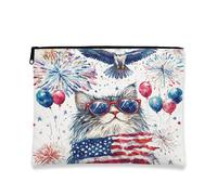 Trousse de maquillage motif chat persan du 4 juillet 17,8 x 22,9 cm pour sac à main de voyage, pochette cosmétique d'anniversaire américain pour femme, pochette de toilette patriotique portable en