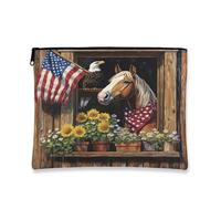 Trousse de maquillage motif cheval du 4 juillet 17,8 x 22,9 cm pour sac à main de voyage, pochette cosmétique motif ferme pour femme, anniversaire patriotique, organiseur portable en toile avec