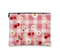 Trousse de maquillage motif marguerites de cerise, pochette de voyage vintage à carreaux vichy pour femme, petite trousse de toilette en toile à fermeture éclair, cadeau de pique-nique printanier