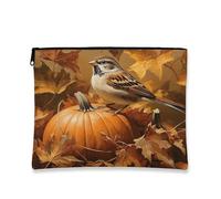 Trousse de maquillage motif moineau d'automne vintage - Citrouilles d'automne - Pochette de voyage pour femme - Cadeau pour filles - Petite toile portable avec fermeture éclair - 17,8 x 22,9 cm