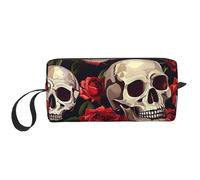 Trousse de maquillage motif tête de mort rose d'Halloween résistante à l'eau pour homme et femme, pochette de rangement pour cosmétiques avec fermeture éclair, petit sac à outils portable