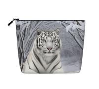 Trousse de maquillage multifonction en lin à une seule couche Motif tigre blanc dans la neige, Noir , Taille unique