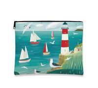 Trousse de maquillage nautique, phare côtier et voiliers, pochette de voyage pour femme, organiseur portable en toile avec fermeture éclair, sac de toilette cadeau de vacances à la plage, vacances