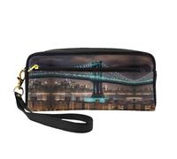 Trousse de maquillage - New York Manhattan Bridge Night Print en cuir Petite trousse de maquillage pour voyage, trousse de toilette avec pochette à fermeture éclair, noir, One Size