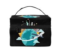 Trousse de Maquillage Noire Around The World, Trousse de Voyage pour Femmes et Filles, Grande Trousse de Maquillage, Trousse de Toilette Portable, Essentiels de Voyage