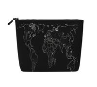 Trousse de maquillage noire avec impression carte du monde pour femme, trousse de maquillage imitation lin, grande capacité, parfaite pour les voyages et un usage quotidien, Noir , Taille unique
