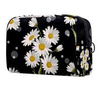 Trousse de maquillage noire avec marguerite blanche et cercles pour femme, trousse de toilette de voyage, grande trousse de maquillage pratique avec fermeture éclair, multicolore,