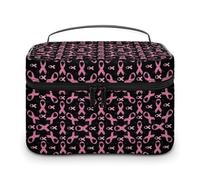 Trousse de Maquillage Noire avec Ruban Rose pour la Sensibilisation au Cancer du Sein, Trousse de Maquillage de Voyage pour Femmes, Trousse de Toilette pour Soins de la Peau, boîte de Maquillage en