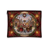 Trousse de maquillage Nostalgique Motif Casse-Noisette Noël 17,8 x 22,9 cm | Scène de village victorien, pochette de maquillage zippée, couronne de poinsettia, chants d'hiver, charme saisonnier