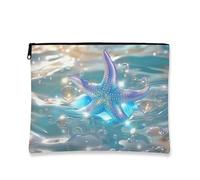 Trousse de maquillage océanique, motif étoile de mer scintillante, pochette de voyage pour femme, petite pochette portable en toile avec fermeture éclair, cadeau de plage, trousse de toilette, bleu