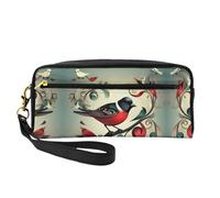 Trousse de maquillage - Oiseaux bleu sarcelle - Note de musique - Petite trousse de maquillage en cuir pour voyage, trousse de toilette avec pochette à fermeture éclair, noir, taille unique, Noir
