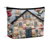 Trousse de Maquillage Patchwork House Garden Flowers Buttons, Organisateur de Toilette de Voyage, Pochette cosmétique pour Femmes, Cadeau d'anniversaire pour Maman, Filles, Femmes et sœurs